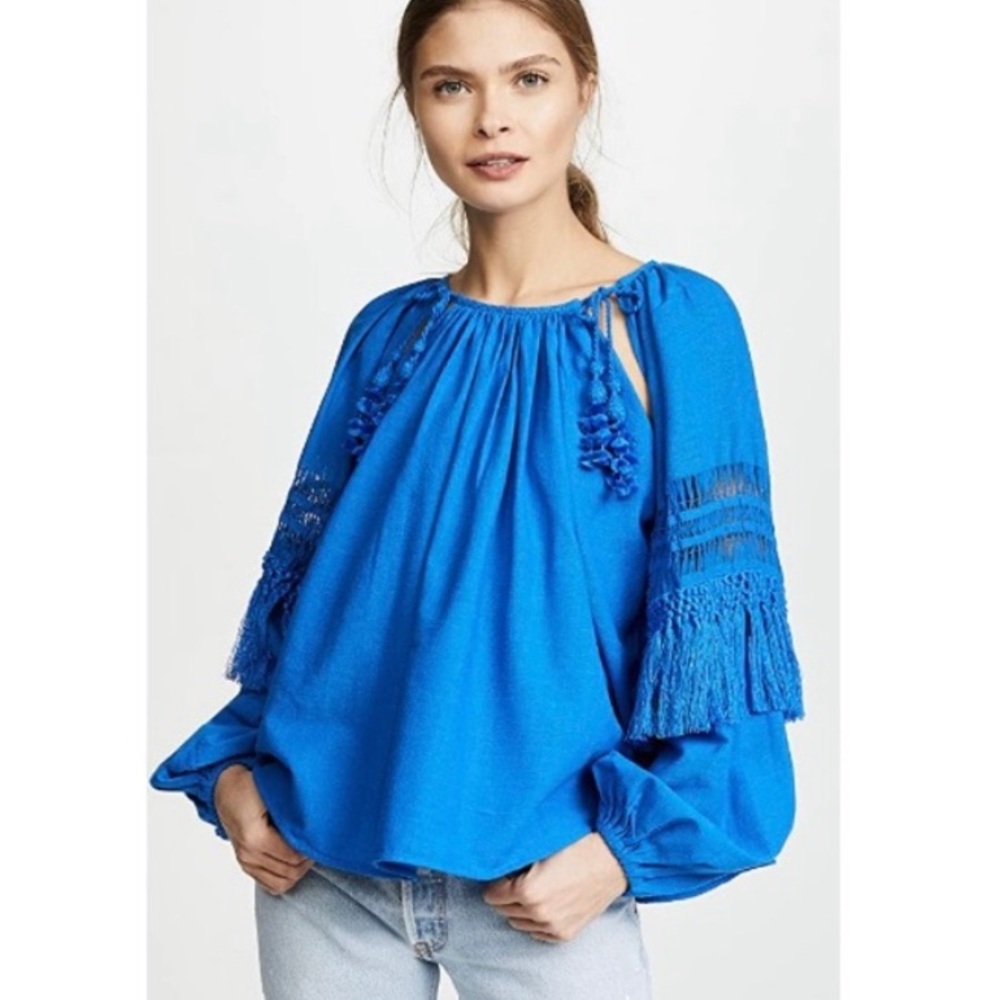 Ulla Johnson Duman Fringe Blouse Tassel Top Crochet Azul Blue Long Sleeve XS 0 - Picture 1 of 7